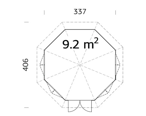 Planritning trädgårdshus med måtten 406 x 337 cm och 9,2 kvadratmeter yta