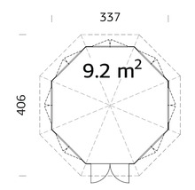 Planritning trädgårdshus med måtten 406 x 337 cm och 9.2 kvadratmeter yta