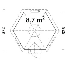 Planritning av ett trädgårdshus med en yta på 8.7 kvadratmeter