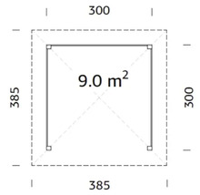 Planritning med måtten 300, 385 och 9,0 kvadratmeter