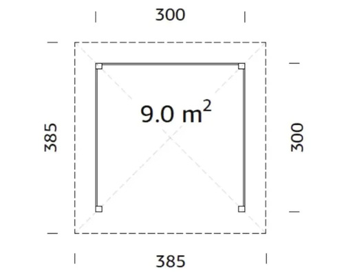 Planritning med måtten 300, 385 och 9,0 kvadratmeter