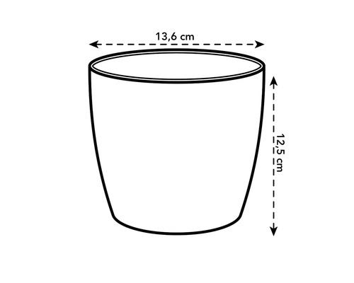 Illustration av en blomkruka med måtten 13,6 cm bred och 12,5 cm hög.