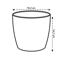 Skiss av en blomkruka med måtten 18,2 cm bred och 16,7 cm hög.
