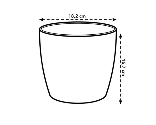 Skiss av en blomkruka med måtten 18,2 cm bred och 16,7 cm hög.