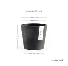 Blomkruka Ecopots Amsterdam Mini 10,5: höjd 9,2 centimeter, ytterdiameter 10,5 centimeter, innerdiameter 9,5 centimeter, volym 0,45 liter.