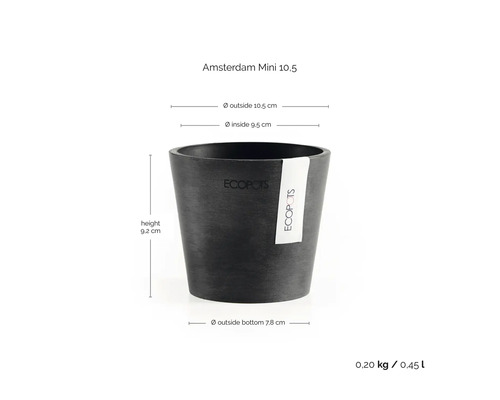 Blomkruka Ecopots Amsterdam Mini 10,5: höjd 9,2 centimeter, ytterdiameter 10,5 centimeter, innerdiameter 9,5 centimeter, volym 0,45 liter.