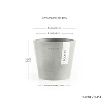 Blomkruka Ecopots Amsterdam Mini med mått: höjd 9,2 centimeter, ytterdiameter 10,5 centimeter, volym 0,45 liter.