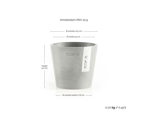 Blomkruka Ecopots Amsterdam Mini med mått: höjd 9,2 centimeter, ytterdiameter 10,5 centimeter, volym 0,45 liter.