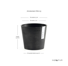 Ecopots Amsterdam Mini 13 blomkruka med Ecopots Logo och mått: höjd 11,4 centimeter, diameter 13 centimeter, volym 1,2 liter.