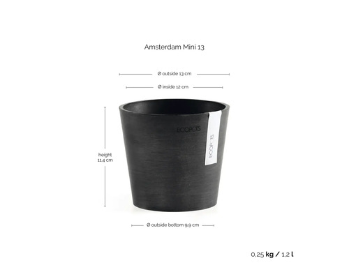 Ecopots Amsterdam Mini 13 blomkruka med Ecopots Logo och mått: höjd 11,4 centimeter, diameter 13 centimeter, volym 1,2 liter.