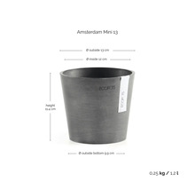 Ecopots blomkruka Amsterdam Mini 13: höjd 11,4 centimeter, ytterdiameter 13 centimeter, vikt 0,25 kilogram, volym 1,2 liter.