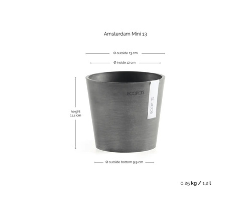 Ecopots blomkruka Amsterdam Mini 13: höjd 11,4 centimeter, ytterdiameter 13 centimeter, vikt 0,25 kilogram, volym 1,2 liter.
