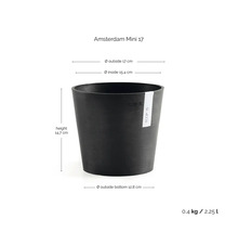 Blomkruka Ecopots Amsterdam Mini 17, diameter 17 centimeter, höjd 14,7 centimeter, volym 2,25 liter, svart.