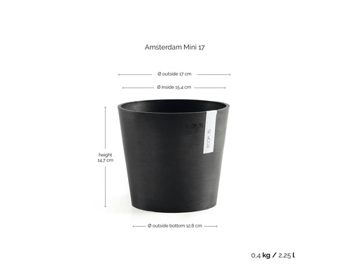 Blomkruka Ecopots Amsterdam Mini 17, diameter 17 centimeter, höjd 14,7 centimeter, volym 2,25 liter, svart.