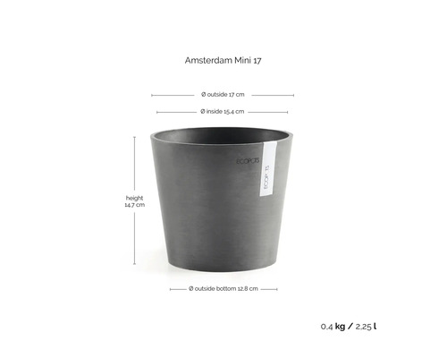 Ecopots blomkruka Amsterdam Mini 17, höjd 14,7 centimeter, ytterdiameter 17 centimeter, innerdiameter 15,4 centimeter, volym 2,25 liter.