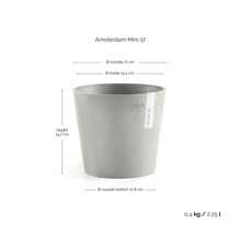 Grå blomkruka Amsterdam Mini 17 från ECOPOTS. Mått: höjd 14,7 centimeter, ytterdiameter 17 centimeter, innerdiameter 15,4 centimeter.
