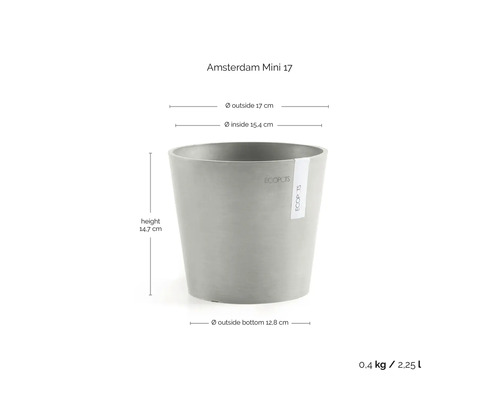 Grå blomkruka Amsterdam Mini 17 från ECOPOTS. Mått: höjd 14,7 centimeter, ytterdiameter 17 centimeter, innerdiameter 15,4 centimeter.