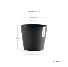 Blomkruka ECOPOTS Amsterdam 20: höjd 17,1 centimeter, ytterdiameter 20 centimeter, innerdiameter 18,5 centimeter, volym 4 liter.