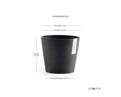 Blomkruka ECOPOTS Amsterdam 20: höjd 17,1 centimeter, ytterdiameter 20 centimeter, innerdiameter 18,5 centimeter, volym 4 liter.