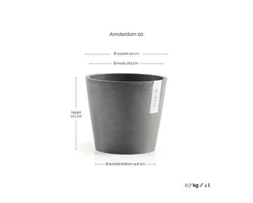 Ecopots Amsterdam 20 blomkruka: höjd 17,1 centimeter, ytterdiameter 20 centimeter, bottendiameter 14,6 centimeter, volym 4 liter.
