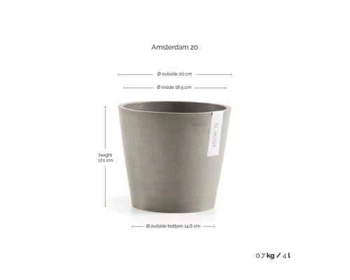 Ecopots Amsterdam 20 blomkruka: höjd 17,1 centimeter, ytterdiameter 20 centimeter, innerdiameter 18,5 centimeter, volym 4 liter.
