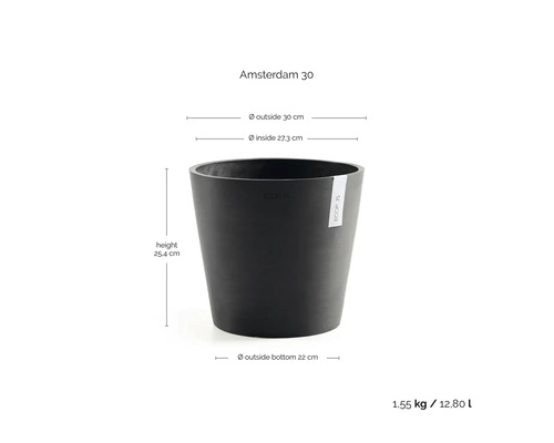 Svart blomkruka Amsterdam 30 med mått: ytterdiameter 30 centimeter, höjd 25,4 centimeter, volym 12,8 liter.
