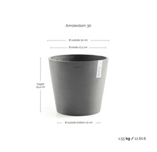 Blomkruka ECOPOTS Amsterdam 30 med mått: ytterdiameter 30 centimeter, höjd 25,4 centimeter, volym 12,8 liter.