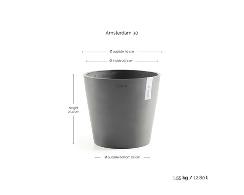 Blomkruka ECOPOTS Amsterdam 30 med mått: ytterdiameter 30 centimeter, höjd 25,4 centimeter, volym 12,8 liter.