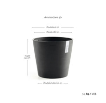 Blomkruka Ecopots Amsterdam 40: höjd 34,5 centimeter, ytterdiameter 40 centimeter, innerdiameter 36,6 centimeter, volym 28 liter.