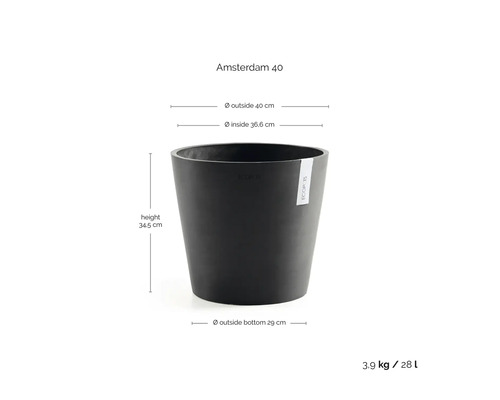 Blomkruka Ecopots Amsterdam 40: höjd 34,5 centimeter, ytterdiameter 40 centimeter, innerdiameter 36,6 centimeter, volym 28 liter.