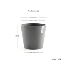Ecopots blomkruka Amsterdam 40 med mått: höjd 34,5 centimeter, ytterdiameter 40 centimeter, volym 28 liter.
