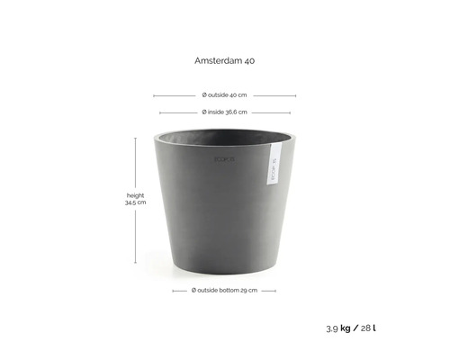 Ecopots blomkruka Amsterdam 40 med mått: höjd 34,5 centimeter, ytterdiameter 40 centimeter, volym 28 liter.