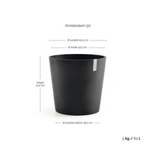 Blomkruka Amsterdam 50: höjd 43,5 centimeter, ytterdiameter 50,5 centimeter, botten 36,5 centimeter, vikt 5 kilogram, volym 62 liter.