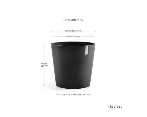 Blomkruka Amsterdam 50: höjd 43,5 centimeter, ytterdiameter 50,5 centimeter, botten 36,5 centimeter, vikt 5 kilogram, volym 62 liter.