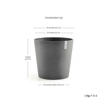 Ecopots Amsterdam 50 blomkruka rund, ytterdiameter 50,5 centimeter, höjd 43,5 centimeter, volym 62 liter, vikt 5 kilogram.