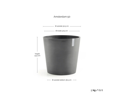 Ecopots Amsterdam 50 blomkruka rund, ytterdiameter 50,5 centimeter, höjd 43,5 centimeter, volym 62 liter, vikt 5 kilogram.