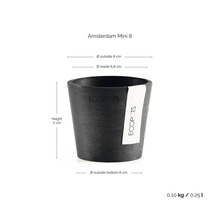 Svart Ecopots blomkruka Amsterdam Mini 8 med måttangivelser: diameter 8 centimeter, höjd 7 centimeter, av återvunnen plast.