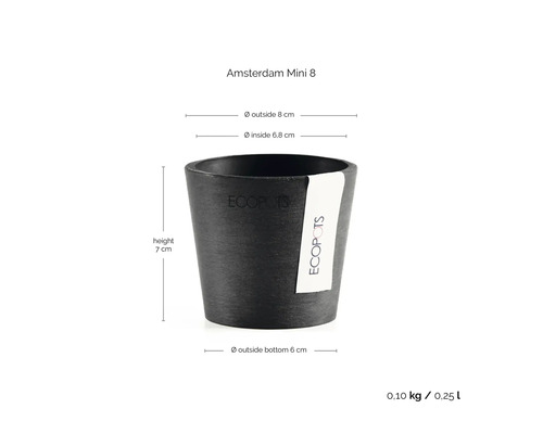 Svart Ecopots blomkruka Amsterdam Mini 8 med måttangivelser: diameter 8 centimeter, höjd 7 centimeter, av återvunnen plast.