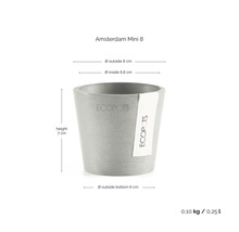 Blomkruka Ecopots Amsterdam Mini 8 med mått: höjd 7 centimeter, ytterdiameter 8 centimeter, innerdiameter 6,8 centimeter, botten 6 centimeter, volym 0,25 liter.