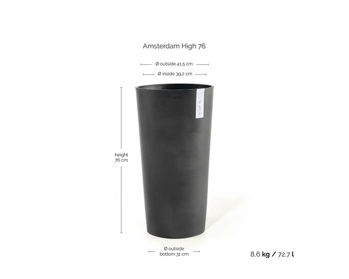 Blomkruka ECOPOTS Amsterdam High 76, plast, höjd 76 centimeter, ytterdiameter upptill 41,5 centimeter, volym 72,7 liter.