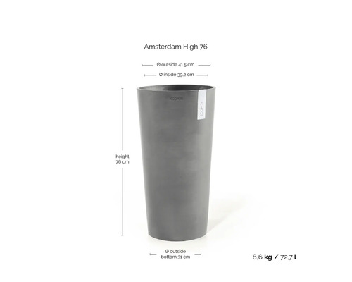 Grå hög kruka ECOPOTS Amsterdam High 76: höjd 76 centimeter, ytterdiameter 41,5 centimeter, volym 72,7 liter.