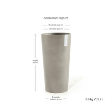 Hög blomkruka Amsterdam High 76 från ECOPOTS. Höjd 76 centimeter, ytterdiameter upptill 41,5 centimeter, nedtill 31 centimeter, volym 72,7 liter.
