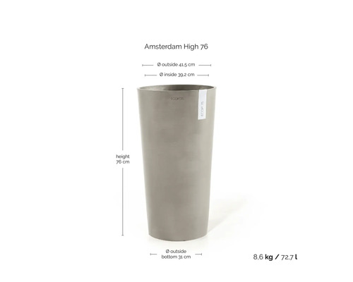 Hög blomkruka Amsterdam High 76 från ECOPOTS. Höjd 76 centimeter, ytterdiameter upptill 41,5 centimeter, nedtill 31 centimeter, volym 72,7 liter.