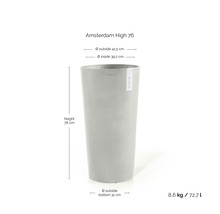 Ecopots Amsterdam High 76 blomkruka med Ecopots Logo: höjd 76 centimeter, diameter 41,5 centimeter, vikt 8,6 kilogram, volym 72,7 liter.