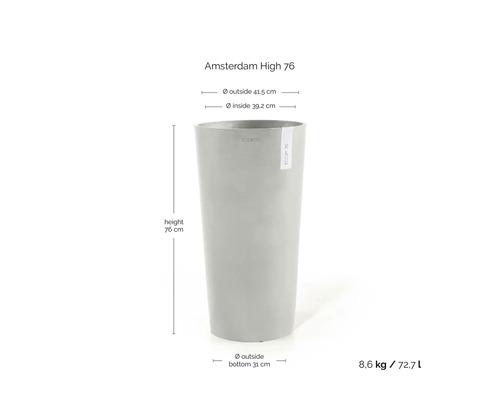 Ecopots Amsterdam High 76 blomkruka med Ecopots Logo: höjd 76 centimeter, diameter 41,5 centimeter, vikt 8,6 kilogram, volym 72,7 liter.