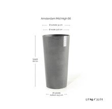 Grå Ecopots Amsterdam Mid High 66 kruka: höjd 66 centimeter, ytterdiameter 34 centimeter, volym 35,6 liter, vikt 5,8 kilogram.