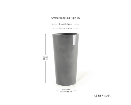 Grå Ecopots Amsterdam Mid High 66 kruka: höjd 66 centimeter, ytterdiameter 34 centimeter, volym 35,6 liter, vikt 5,8 kilogram.