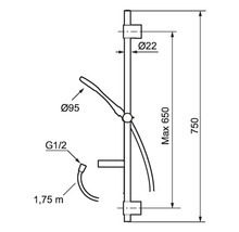 Teknisk ritning av en duschstång med måttangivelser