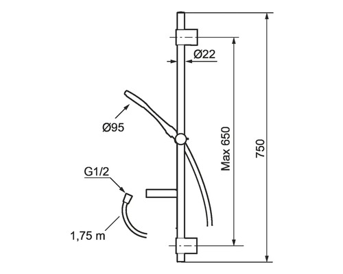 Teknisk ritning av en duschstång med måttangivelser