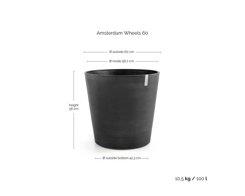 Blomkruka Amsterdam Wheels 60: höjd 56 centimeter, diameter 60 centimeter, volym 100 liter, vikt 10,5 kilogram.